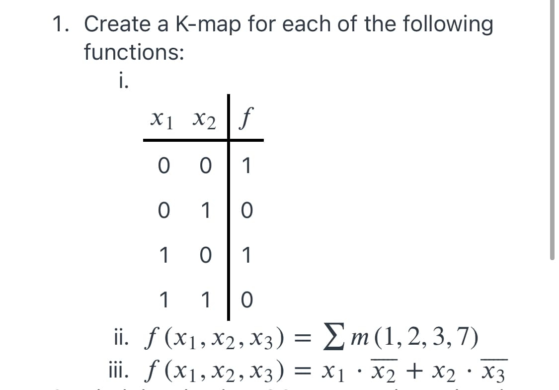 1. Create a K-map for each of the following
functions:
i.
X1 X2| f
0 0 1
1
1
0 1
1
1
ii. f (x1,x2, x3) = Em (1,2, 3, 7)
Ση (1,2, 3, 7)
iii. f (x1, x2, X3) = x1· X2 + x2· X3
X2 + X2 · X3
