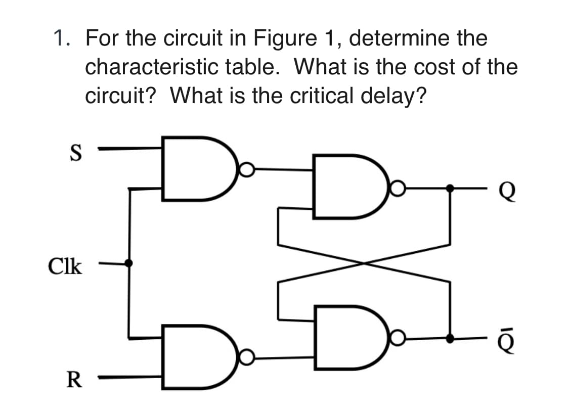 1. For the circuit in Figure 1, determine the
characteristic table. What is the cost of the
circuit? What is the critical delay?
PDI
S
Clk
R
