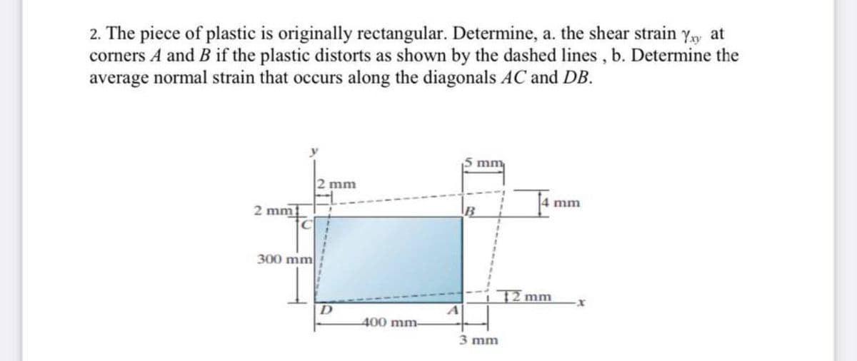 2. The piece of plastic is originally rectangular. Determine, a. the shear strain yy at
corners A and B if the plastic distorts as shown by the dashed lines , b. Determine the
average normal strain that occurs along the diagonals AC and DB.
5 mm
2 mm
4 mm
2 mm
B
300 mm
72 mm
400 mm-
3 mm
