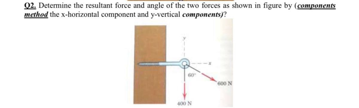 Q2. Determine the resultant force and angle of the two forces as shown in figure by (components
method the x-horizontal component and y-vertical components)?
60
600 N
400 N
