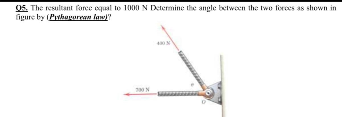 Q5. The resultant force equal to 1000 N Determine the angle between the two forces as shown in
figure by (Pythagorean law)?
400 N
700 N
