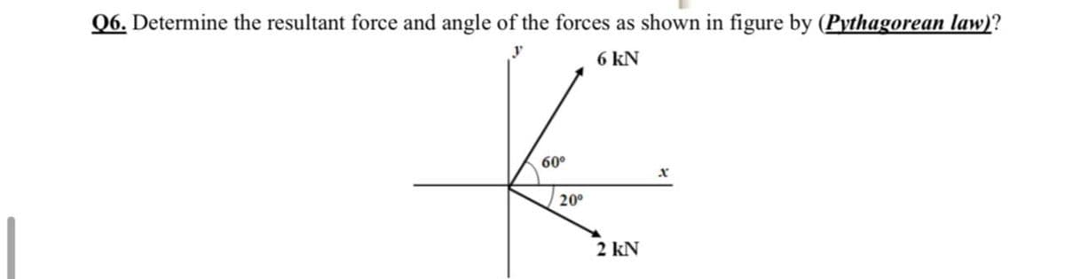Q6. Determine the resultant force and angle of the forces as shown in figure by (Pythagorean law)?
6 kN
60°
20°
2 kN
