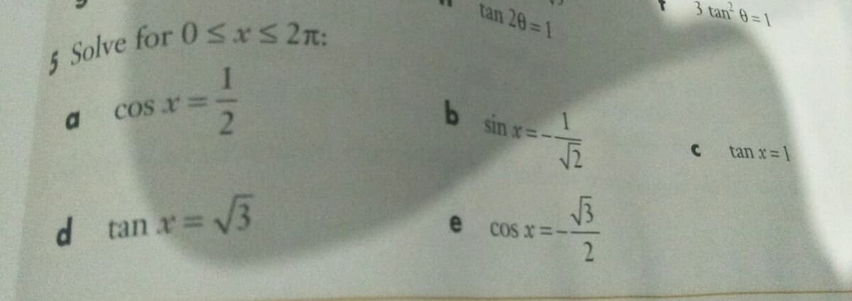 3 tan 0=1
tan 20=1
4 Solve for 0sxS 2n:
a cos x =
21
bsin x=-
tan x= 1
e cos x =
d tan r 3
