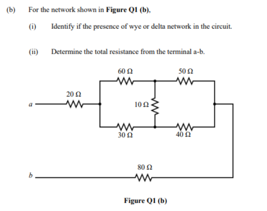 (b)
For the network shown in Figure Q1 (b),
(i)
Identify if the presence of wye or delta network in the circuit.
(ii) Determine the total resistance from the terminal a-b.
60Ω
50Ω
20Ω
10Ω
30 Ω
40 Ω
80Ω
Figure Q1 (b)
