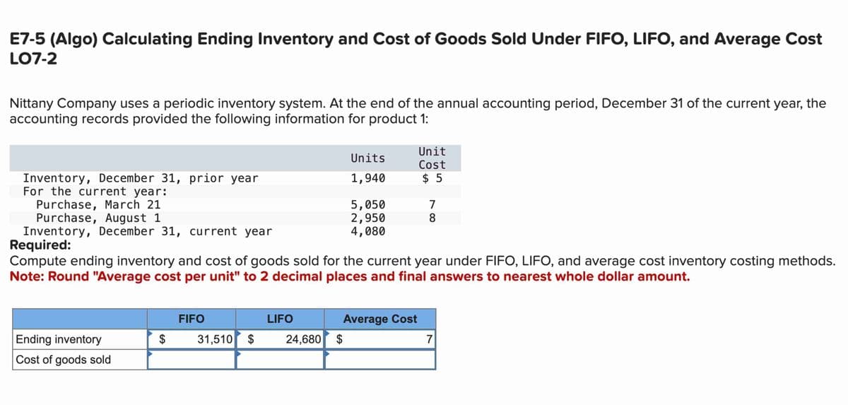 E7-5 (Algo) Calculating Ending Inventory and Cost of Goods Sold Under FIFO, LIFO, and Average Cost
LO7-2
Nittany Company uses a periodic inventory system. At the end of the annual accounting period, December 31 of the current year, the
accounting records provided the following information for product 1:
Ending inventory
Cost of goods sold
Inventory, December 31, prior year
For the current year:
Purchase, March 21
Purchase, August 1
Inventory, December 31, current year
Required:
Compute ending inventory and cost of goods sold for the current year under FIFO, LIFO, and average cost inventory costing methods.
Note: Round "Average cost per unit" to 2 decimal places and final answers to nearest whole dollar amount.
$
FIFO
31,510 $
LIFO
Units
1,940
24,680 $
5,050
2,950
4,080
Average Cost
Unit
Cost
$5
7
88
7