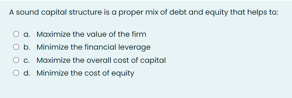 A sound capital structure is a proper mix of debt and equity that helps to:
a. Maximize the value of the firm
O b. Minimize the financial leverage
O c. Maximize the overall cost of capital
O d. Minimize the cost of equity
