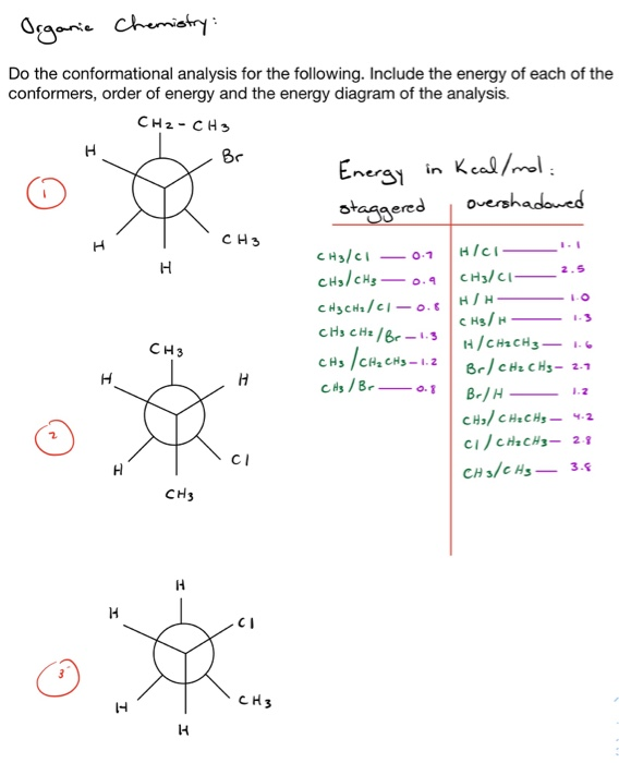 Organic Chemistry:
Do the conformational analysis for the following. Include the energy of each of the
conformers, order of energy and the energy diagram of the analysis.
CH2 - CHS
Br
Energy in Keal/
staggered
overshadowed
CH3
CHs/CI
-0.1
H
2.5
CHo/CHg-0.4 CH3/CI-
H/H-
C Hs/H
H/CHICH3- 1.6
Br/CHz CHs- 2.1
1.3
cHs CHe /Br -1.s
CHs /CHa CHs-1.2
ciHs / Br-
CH3
Br/H.
CHa/ C HaCHg- 4.2
0.1
1.2
-
CH3/C Hs- 3.6
CHs
CHS
