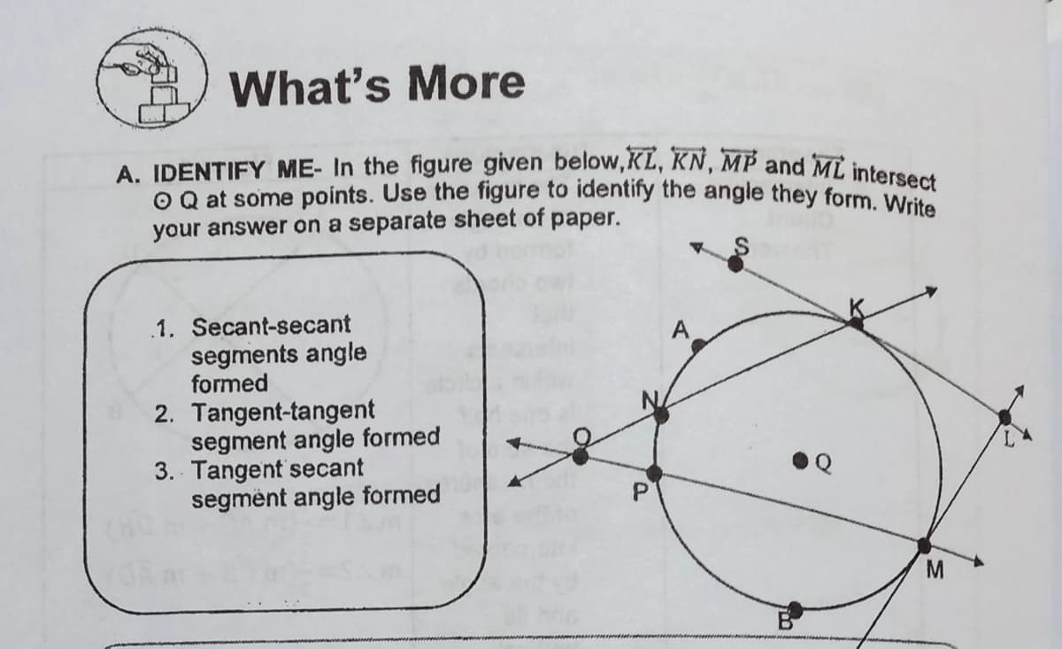 A. IDENTIFY ME- In the figure given below,KL, KN, MP and ML intersect
O Q at some points. Use the figure to identify the angle they form. Write
What's More
your answer on a separate sheet of paper.
.1. Secant-secant
segments angle
formed
A
2. Tangent-tangent
segment angle formed
3. Tangent secant
segmënt angle formed
