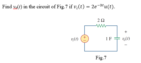 Find ve(t) in the circuit of Fig.7 if v,(t) = 2e-3tu(t).
ww
v;(1) (+
IF
v,(1)
Fig.7
