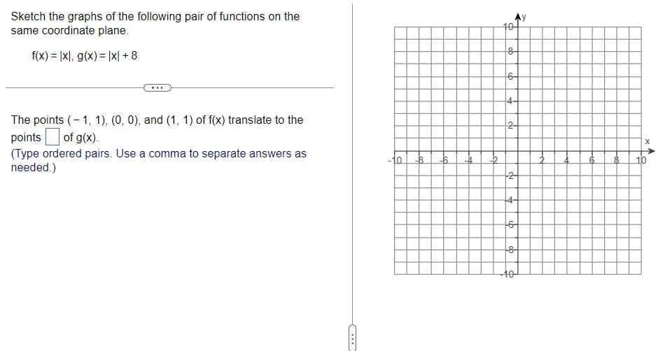 Sketch the graphs of the following pair of functions on the
same coordinate plane.
f(x) = |x|, g(x)= x + 8
***
The points (-1, 1), (0, 0), and (1, 1) of f(x) translate to the
points of g(x).
(Type ordered pairs. Use a comma to separate answers as
needed.)
...
-10 -8
-6
-4
-2
10
8
6-
4-
2-
2-
-4-
+6-
48-
-10-
X
A
to
8 10