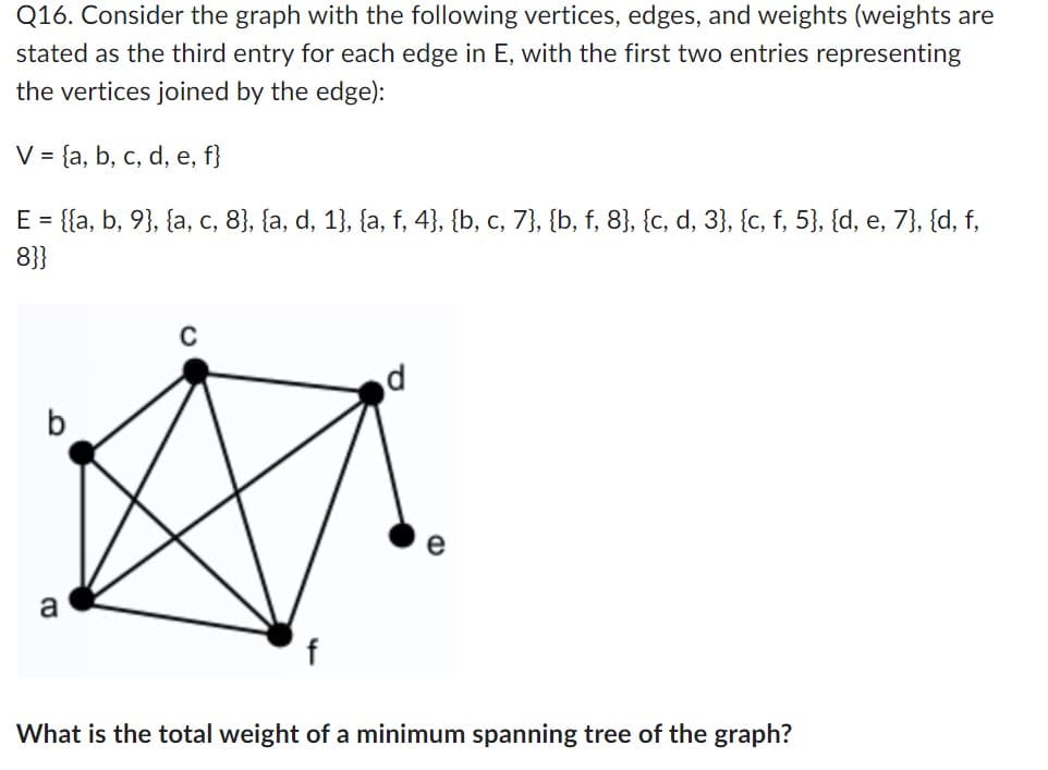 Q16. Consider the graph with the following vertices, edges, and weights (weights are
stated as the third entry for each edge in E, with the first two entries representing
the vertices joined by the edge):
V = {a, b, c, d, e, f}
E = {{a, b, 9}, {a, c, 8}, {a, d, 1}, {a, f, 4}, {b, c, 7}, {b, f, 8}, {c, d, 3}, {c, f, 5}, {d, e, 7}, {d, f,
8}}
b
a
C
d
e
What is the total weight of a minimum spanning tree of the graph?