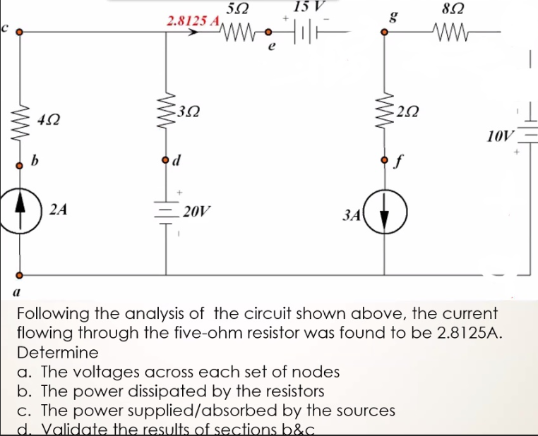 15 V
82
2.8125 A
ww
e
10V
od
2A
20V
ЗА
a
Following the analysis of the circuit shown above, the current
flowing through the five-ohm resistor was found to be 2.8125A.
Determine
a. The voltages across each set of nodes
b. The power dissipated by the resistors
c. The power supplied/absorbed by the sources
d. Validate the results of sections b&c
