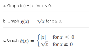 Graph f(x) = |x| for x < 0.
a.
b. Graph g(x) = Vĩ for x 2 0.
Skx| for x < 0
Vĩ for x2 0
Graph h(x)
C.

