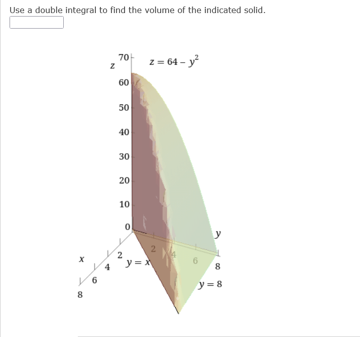 Use a double integral to find the volume of the indicated solid.
70-
z = 64 - y
z
60
50
40
30
20
10
y
2.
y = X
8
4
y = 8
8
