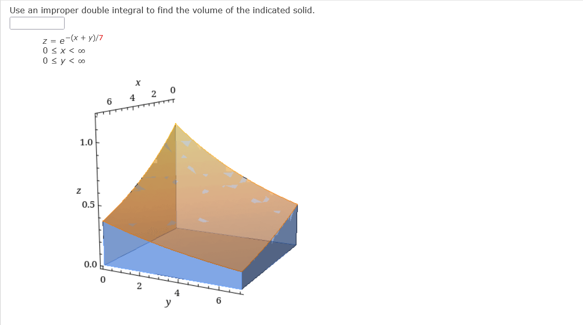 Use an improper double integral to find the volume of the indicated solid.
z = e-(x + y)/7
03x < oo
0 s y< 0
6
1.0
0.5
0.0
y
6.
