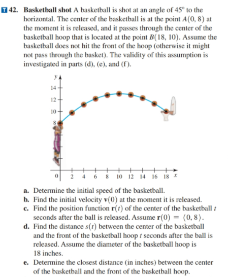 Basketball shot A basketball is shot at an angle of 45° to the
horizontal. The center of the basketball is at the point A(0, 8) at
the moment it is released, and it passes through the center of the
basketball hoop that is located at the point B(18, 10). Assume the
basketball does not hit the front of the hoop (otherwise it might
not pass through the basket). The validity of this assumption is
investigated in parts (d), (e), and (f).
14 -
12
10+
2 4 6 8 10 12 14 16 18 *
a. Determine the initial speed of the basketball.
b. Find the initial velocity v(0) at the moment it is released.
c. Find the position function r(1) of the center of the basketball 1
seconds after the ball is released. Assume r(0) = (0, 8).
d. Find the distance s(1) between the center of the basketball
and the front of the basketball hoop 1 seconds after the ball is
released. Assume the diameter of the basketball hoop is
18 inches.
e. Determine the closest distance (in inches) between the center
of the basketball and the front of the basketball hoop.
