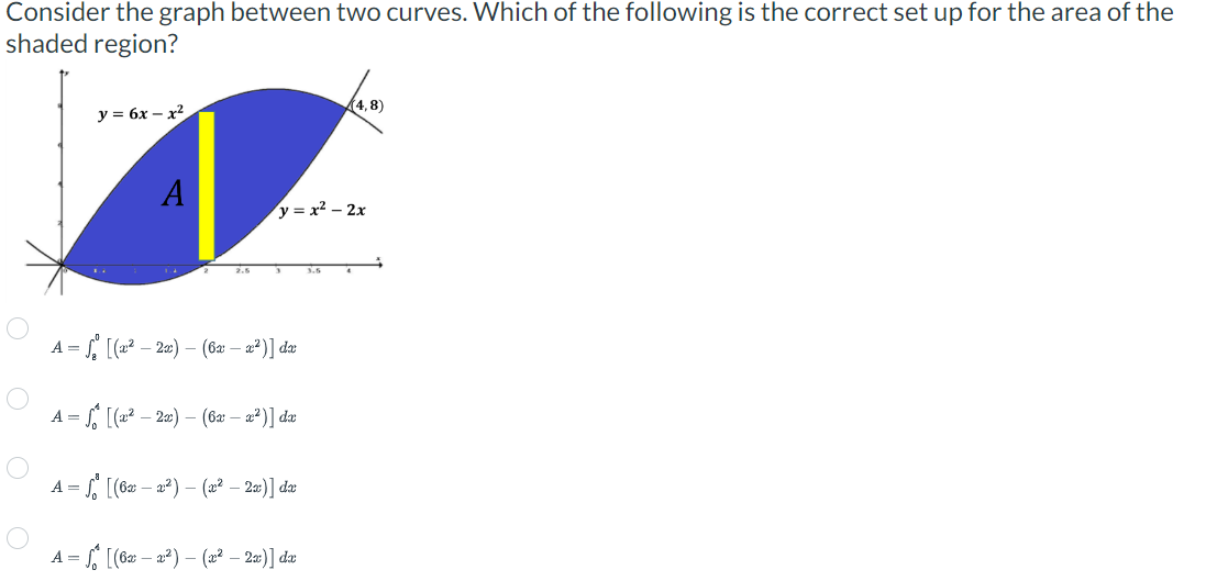 Consider the graph between two curves. Which of the following is the correct set up for the area of the
shaded region?
y = 6x-x²
A
2.5
y=x²-2x
A = √ [(x²2x) - (6x — x²)] da
A = [(²2x) (6x - x²)] da
A = √ [(6x - 2²) — (x² − 2x)] dx
(4,8)
A = [(6x-2²) (2² – 2x)] da