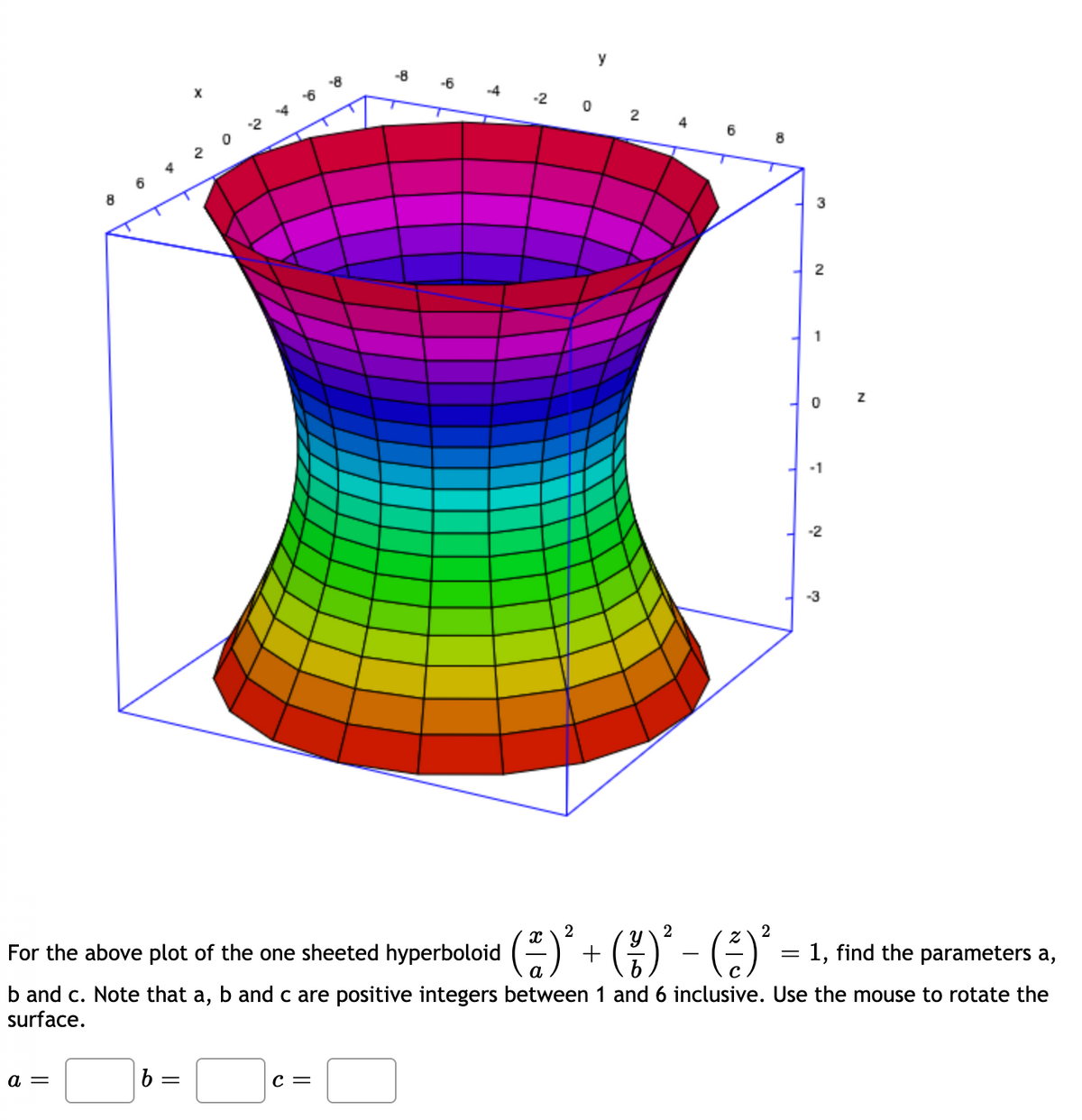 y
-8
-6
-4
-2
0 2
4
6
8
3
6 4
2
1
-1
-2
()' + (;)' -
2
2
2
O- ()* = 1, find the
parameters a,
For the above plot of the one sheeted hyperboloid
b and c. Note that a, b and c are positive integers between 1 and 6 inclusive. Use the mouse to rotate the
surface.
b =
c =
a =
