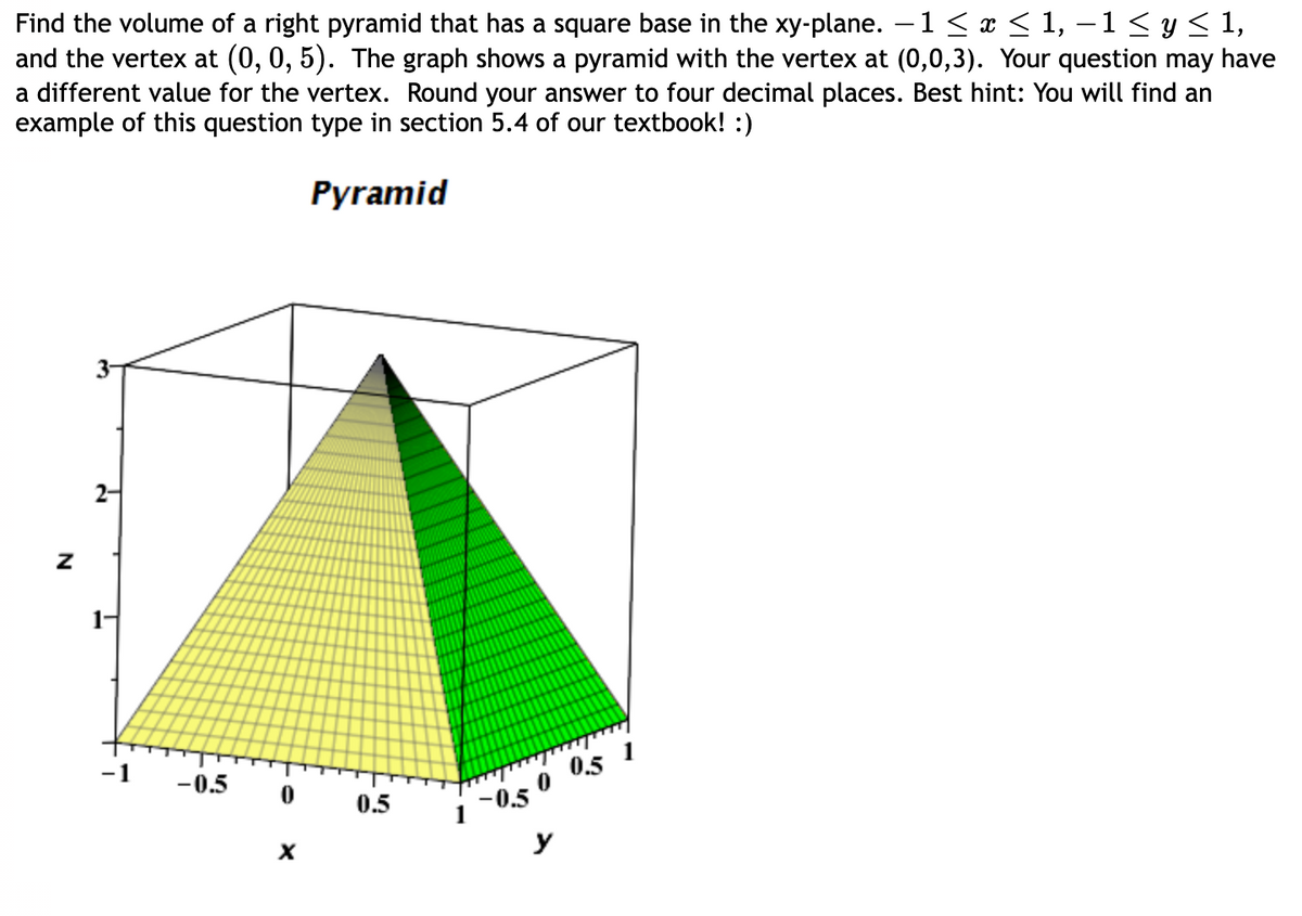 Find the volume of a right pyramid that has a square base in the xy-plane. − 1 ≤ x ≤ 1, − 1 ≤ y ≤ 1,
and the vertex at (0, 0, 5). The graph shows a pyramid with the vertex at (0,0,3). Your question may have
a different value for the vertex. Round your answer to four decimal places. Best hint: You will find an
example of this question type in section 5.4 of our textbook! :)
Pyramid
Z
-0.5
0
X
0.5
1-050 05
y