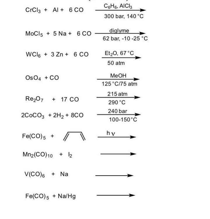 C6H6, AICI3
CrCl3 + Al + 6 CO
300 bar, 140 °C
MoCl5 + 5 Na + 6 CO
diglyme
62 bar, -10 -25 °C
WCI6 + 3 Zn + 6 CO
Et20, 67 °C
50 atm
MeOH
Os04 + CO
125 °C/75 atm
215 atm
Re207
+ 17 CO
290 °C
240 bar
2C0CO3 + 2H2 + 8CO
100-150°C
hy
Fe(CO)5 +
Mn2(CO)10 + 2
V(CO)6 + Na
Fe(CO)5 + Na/Hg
