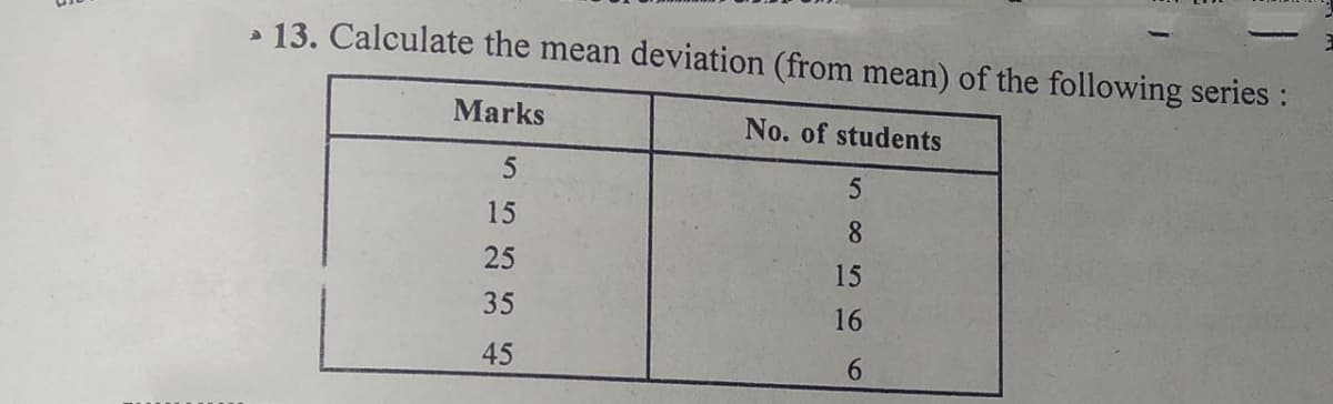 » 13. Calculate the mean deviation (from mean) of the following series:
Marks
No. of students
5
15
8.
25
15
35
16
45
6.
