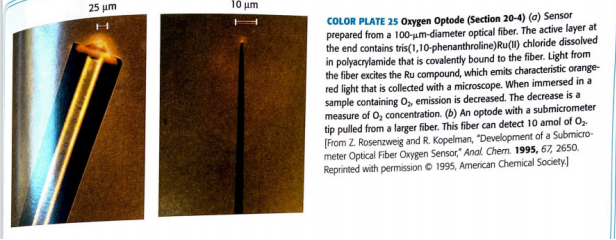 25 μη
10 um
COLOR PLATE 25 Oxygen Optode (Section 20-4) (a) Sensor
prepared from a 100-um-diameter optical fiber. The active layer at
the end contains tris(1,10-phenanthroline)Ru(I) chloride dissolved
in polyacrylamide that is covalently bound to the fiber. Light from
the fiber excites the Ru compound, which emits characteristic orange-
red light that is collected with a microscope. When immersed in a
sample containing O, emission is decreased. The decrease is a
measure of O, concentration. (b) An optode with a submicrometer
tip pulled from a larger fiber. This fiber can detect 10 amol of Oz.
[From Z. Rosenzweig and R. Kopelman, "Development of a Submicro-
meter Optical Fiber Oxygen Sensor," Anal Chem. 1995, 67, 2650.
Reprinted with permission © 1995, American Chemical Society]
