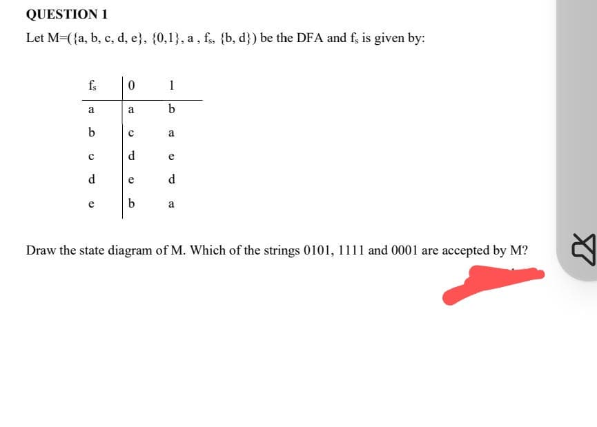 QUESTION 1
Let M=((a, b, c, d, e}, {0,1}, a, fs, {b, d}) be the DFA and f, is given by:
fs
a
b
с
d
e
0
a
с
d
(2
b
1
b
a
e
d
a
Draw the state diagram of M. Which of the strings 0101, 1111 and 0001 are accepted by M?
X