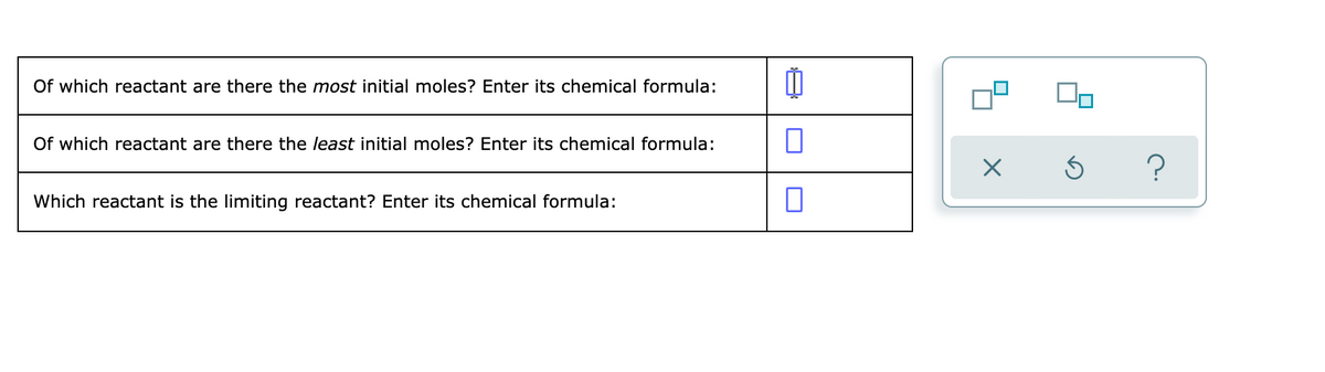 Of which reactant are there the most initial moles? Enter its chemical formula:
Of which reactant are there the least initial moles? Enter its chemical formula:
Which reactant is the limiting reactant? Enter its chemical formula:
