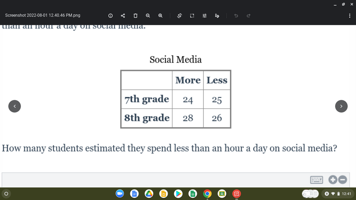 Screenshot 2022-08-01 12.40.46 PM.png
than an hour a day on social media.
0
O
Q Q
$
03
Social Media
fit
is
More Less
7th grade 24 25
8th grade 28 26
How many students estimated they spend less than an hour a day on social media?
#
:
12:41