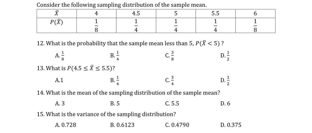 Consider the following sampling distribution of the sample mean.
4
4.5
5
5.5
P(X)
1
1
1
1
8.
4
4
4
12. What is the probability that the sample mean less than 5, P(X < 5) ?
A.
В.
4
3
С.
8.
1
D.
2
8
13. What is P(4.5 <X < 5.5)?
А.1
B. -
C.
D.
2
4
14. What is the mean of the sampling distribution of the sample mean?
А. З
В. 5
C. 5.5
D. 6
15. What is the variance of the sampling distribution?
A. 0.728
B. 0.6123
C. 0.4790
D. 0.375
6118
