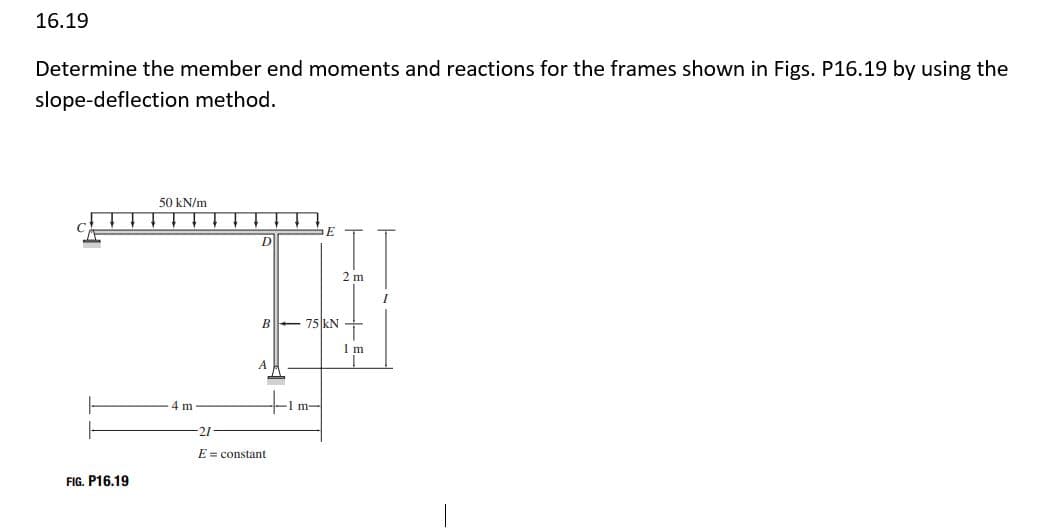16.19
Determine the member end moments and reactions for the frames shown in Figs. P16.19 by using the
slope-deflection method.
50 kN/m
E
D
2 m
B E 75 kN+
A
4 m
1 m-
21
E = constant
FIG. P16.19
