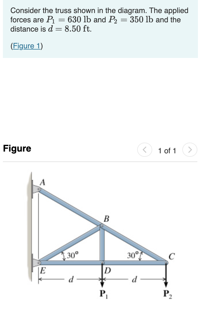 Consider the truss shown in the diagram. The applied
630 lb and P₂ = 350 lb and the
forces are P₁
=
distance is d = 8.50 ft.
(Figure 1)
Figure
E
30°
d
B
D
P₁
30°
1 of 1
C