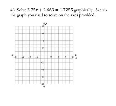 4.) Solve 3.75x + 2.663 = 1.7255 graphically. Sketch
the graph you used to solve on the axes provided.
-6
-4
-2
4
-21
