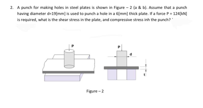 2. A punch for making holes in steel plates is shown in Figure - 2 (a & b). Assume that a punch
having diameter d=19[mm] is used to punch a hole in a 6[mm] thick plate. If a force P = 124[kN]
is required, what is the shear stress in the plate, and compressive stress inh the punch?
Figure - 2
