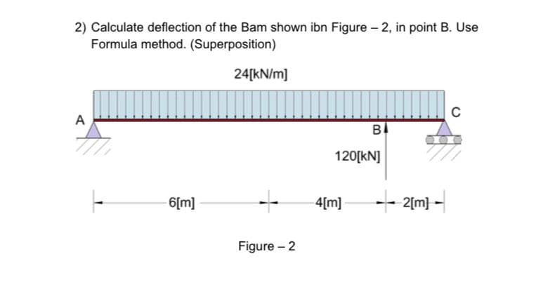 2) Calculate deflection of the Bam shown ibn Figure – 2, in point B. Use
Formula method. (Superposition)
24[kN/m]
C
A
B
120[kN]
- 6[m]
4[m]
2[m}
Figure – 2
