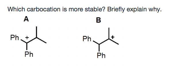 Which carbocation is more stable? Briefly explain why.
A
B
Ph, +
Ph.
Ph
Ph
