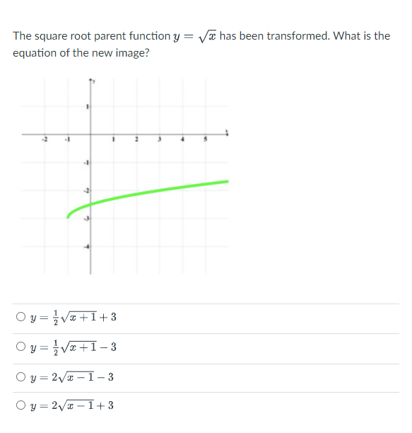 The square root parent function y = Va has been transformed. What is the
equation of the new image?
Oy=글Va +1 +3
글Va +1-3
y = 2/ –1-3
O y = 2/x – 1+3
