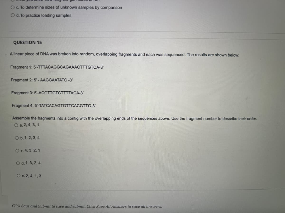 O c. To determine sizes of unknown samples by comparison
O d. To practice loading samples
QUESTION 15
A linear piece of DNA was broken into random, overlapping fragments and each was sequenced. The results are shown below:
Fragment 1: 5'-TTTACAGGCAGAAACTTTGTCA-3'
Fragment 2: 5'-AAGGAATATC -3'
Fragment 3: 5'-ACGTTGTCTTTTACA-3'
Fragment 4: 5'-TATCACAGTGTTCACGTTG-3'
Assemble the fragments into a contig with the overlapping ends of the sequences above. Use the fragment number to describe their order.
O a. 2, 4, 3, 1
O b. 1, 2, 3, 4
O c. 4, 3, 2, 1
O d. 1, 3, 2, 4
O e. 2, 4, 1, 3
Click Save and Submit to save and submit. Click Save All Answers to save all answers.