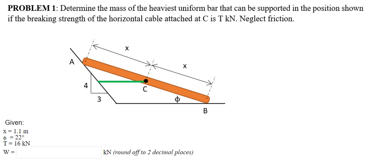 PROBLEM 1: Determine the mass of the heaviest uniform bar that can be supported in the position shown
if the breaking strength of the horizontal cable attached at C is T kN. Neglect friction.
3
Given:
X = 1.1 m
$ = 22°
T = 16 kN
W =
kN (round off to 2 decimal places)
