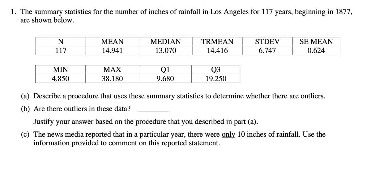 1. The summary statistics for the number of inches of rainfall in Los Angeles for 117 years, beginning in 1877,
are shown below.
МEAN
MEDIAN
TRMEAN
STDEV
SE MEAN
117
14.941
13.070
14.416
6.747
0.624
MIN
МАX
Q1
9.680
Q3
19.250
4.850
38.180
(a) Describe a procedure that uses these summary statistics to determine whether there are outliers.
(b) Are there outliers in these data?
Justify your answer based on the procedure that you described in part (a).
(c) The news media reported that in a particular year, there were only 10 inches of rainfall. Use the
information provided to comment on this reported statement.
