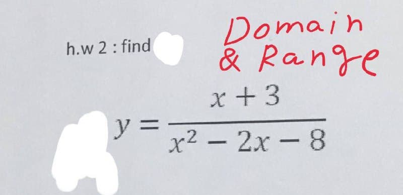 Domain
& Range
h.w 2: find
x +3
y =
x² - 2x -8
