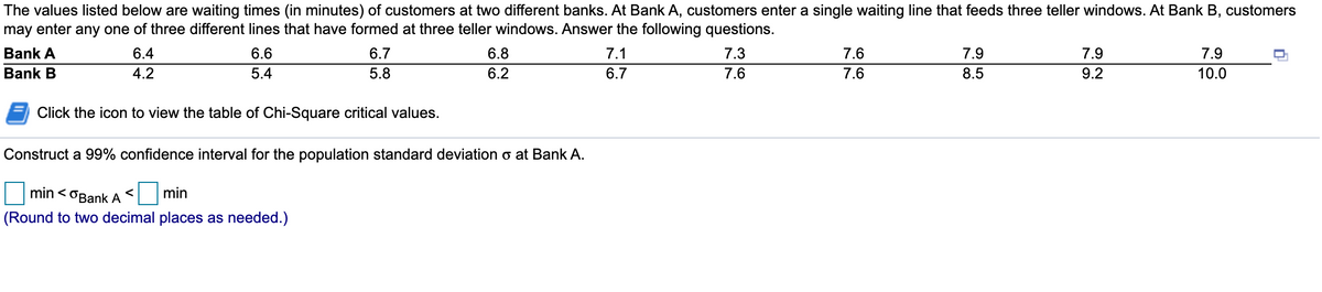 The values listed below are waiting times (in minutes) of customers at two different banks. At Bank A, customers enter a single waiting line that feeds three teller windows. At Bank B, customers
may enter any one of three different lines that have formed at three teller windows. Answer the following questions.
Bank A
6.4
6.6
6.7
6.8
7.1
7.3
7.6
7.9
7.9
7.9
Bank B
4.2
5.4
5.8
6.2
6.7
7.6
7.6
8.5
9.2
10.0
Click the icon to view the table of Chi-Square critical values.
Construct a 99% confidence interval for the population standard deviation o at Bank A.
min < OBank A
min
(Round to two decimal places as needed.)
