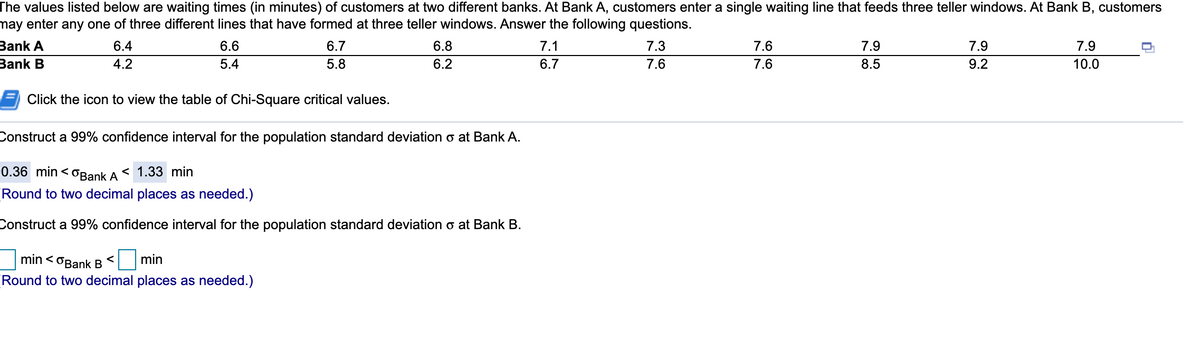 The values listed below are waiting times (in minutes) of customers at two different banks. At Bank A, customers enter a single waiting line that feeds three teller windows. At Bank B, customers
may enter any one of three different lines that have formed at three teller windows. Answer the following questions.
Bank A
6.4
6.6
6.7
6.8
7.1
7.3
7.6
7.9
7.9
7.9
Bank B
4.2
5.4
5.8
6.2
6.7
7.6
7.6
8.5
9.2
10.0
Click the icon to view the table of Chi-Square critical values.
Construct a 99% confidence interval for the population standard deviation o at Bank A.
0.36 min <oBank A< 1.33 min
Round to two decimal places as needed.)
Construct a 99% confidence interval for the population standard deviation o at Bank B.
min < OBank B
min
Round to two decimal places as needed.)
