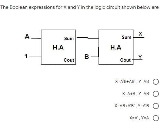 The Boolean expressions for X and Y in the logic circuit shown below are
A
Sum
Sum
Н.А
Н.А
1
B
Cout
Cout
