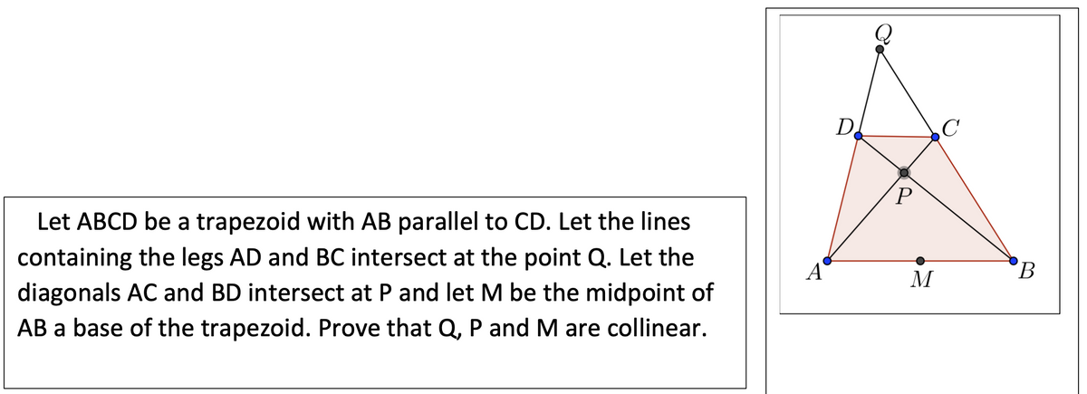 D.
C
(P
Let ABCD be a trapezoid with AB parallel to CD. Let the lines
containing the legs AD and BC intersect at the point Q. Let the
A
'B
M
diagonals AC and BD intersect at P and let M be the midpoint of
AB a base of the trapezoid. Prove that Q, P and M are collinear.
