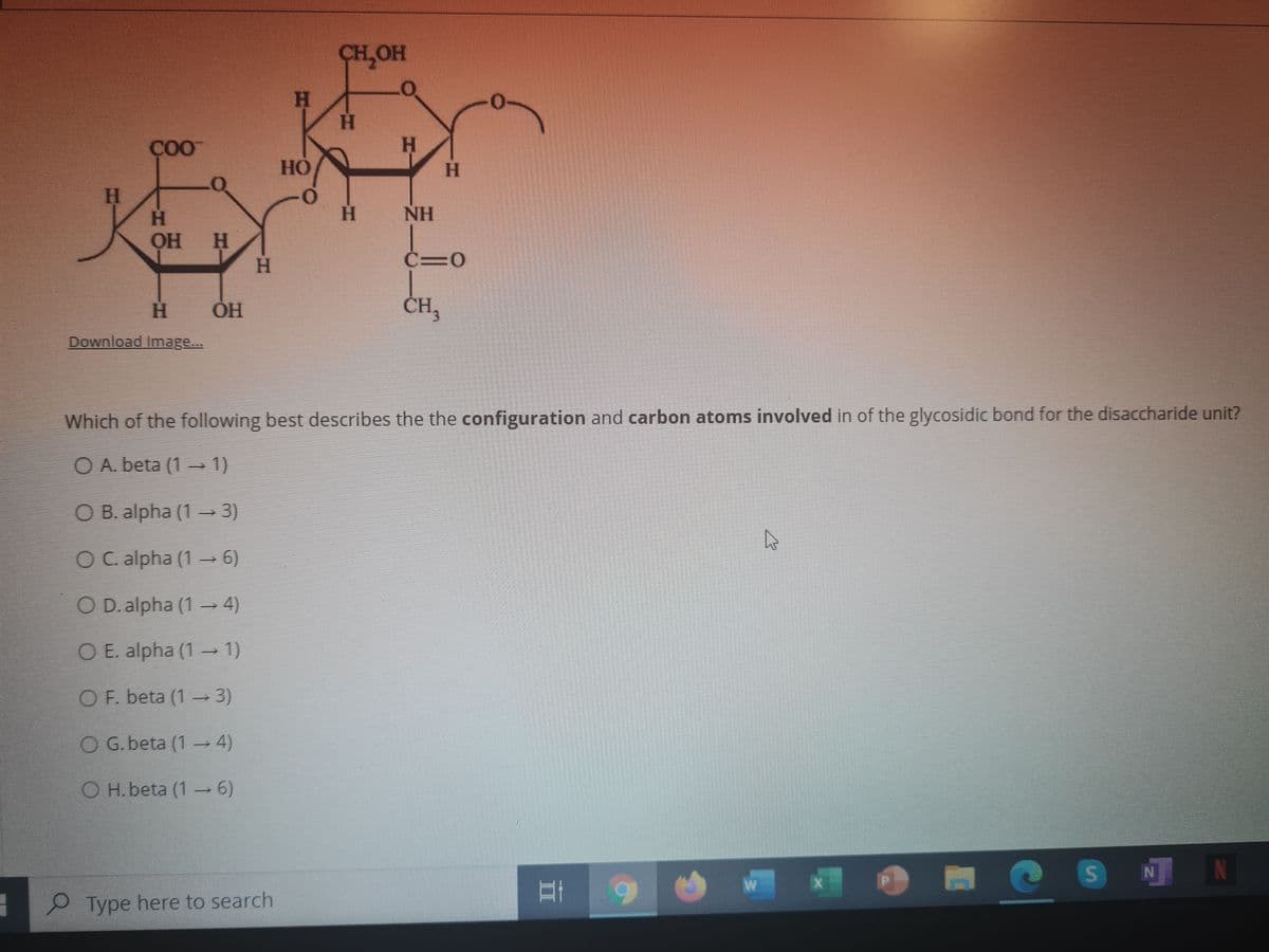 CH,OH
H.
ÇOO
H
H
H.
NH
OH
H.
H.
H.
ČH,
Download Image...
Which of the following best describes the the configuration and carbon atoms involved in of the glycosidic bond for the disaccharide unit?
O A. beta (1 → 1)
O B. alpha (1 3)
O C. alpha (1 6)
O D. alpha (14)
O E. alpha (1 1)
O F. beta (13)
O G. beta (1 4)
O H.beta (1 6)
Type here to search
