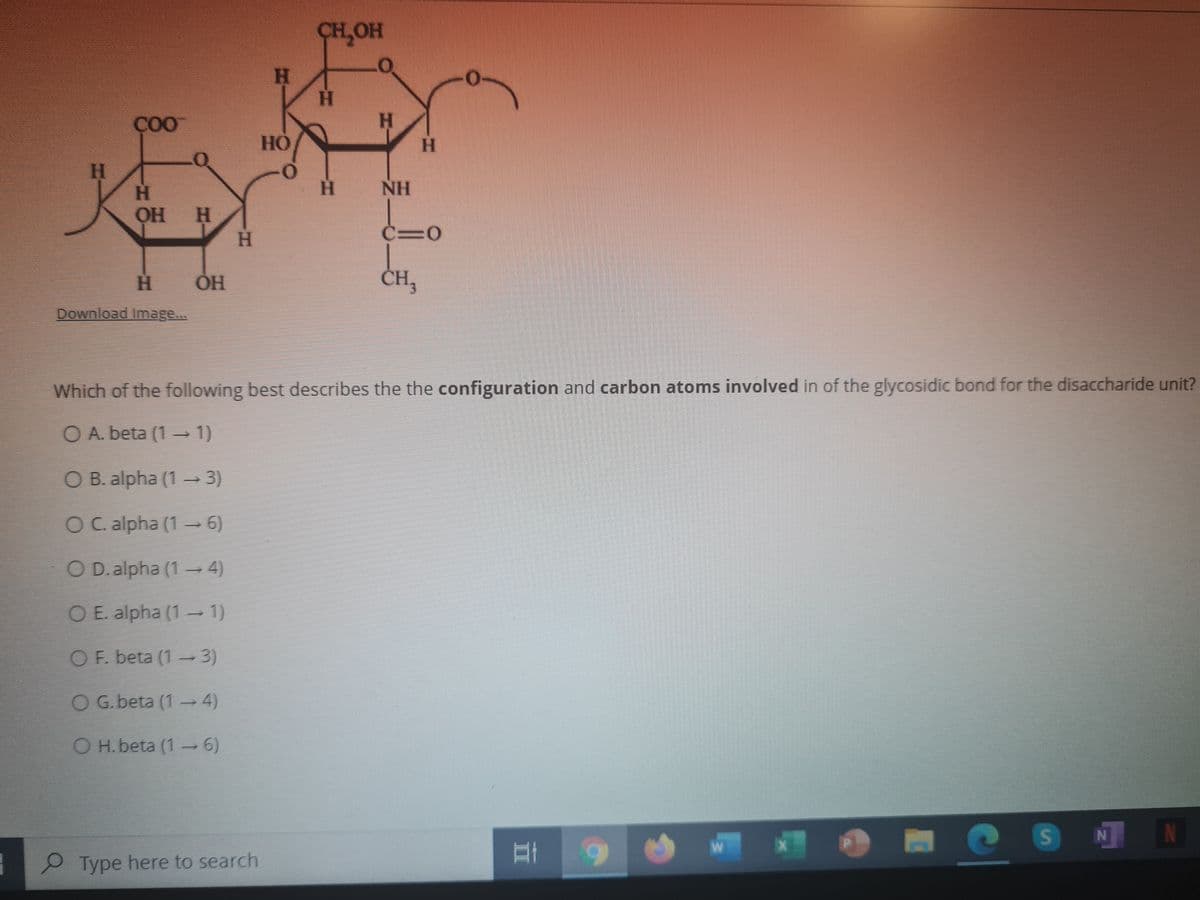 CH,OH
H.
H.
H.
H
H.
NH
H.
H.
C%3D0
CH,
Download Image...
Which of the following best describes the the configuration and carbon atoms involved in of the glycosidic bond for the disaccharide unit?
O A. beta (1- 1)
O B. alpha (1 - 3)
OC. alpha (1 -6)
O D. alpha (1 4)
O E. alpha (1-1)
OF. beta (1 3)
O G. beta (14)
O H.beta (1 6)
N N
Type here to search
