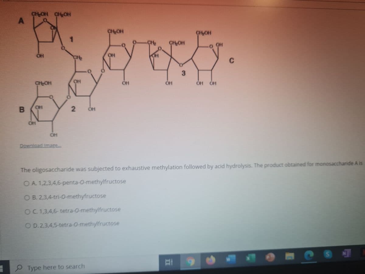CH OH CH OH
CH,OH
CHOH
CH2
CHOH
O OH
OH
CH2
HO
OH
C
3
CHOH
OH
OH
OH
OH
OH
OH
OH
OH
Download Image...
The oligosaccharide was subjected to exhaustive methylation followed by acid hydrolysis. The product obtained for manosaccharide A is
O A. 1,2,3,4,6-penta-0-methylfructose
O B. 2,3,4-tri-O-methyfructose
OC 1,3,4,6-tetra-O-methylfructose
O D.2,3,4,5-tetra-O-methylfructose
P Type here to search
