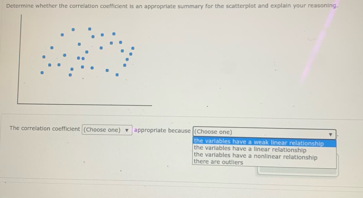 Determine whether the correlation coefficient is an appropriate summary for the scatterplot and explain your reasoning.
The correlation coefficient (Choose one) v
appropriate because (Choose one)
the variables have a weak linear relationship
the variables have a linear relationship
the variables have a nonlinear relationship
there are outliers
