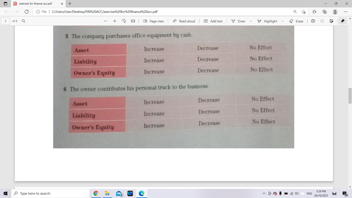 exercise for finance acc.pdf
O File | C:/Users/User/Desktop/FIN%20ACC/exercise%20for%20finance%20acc.pdf
(D Page view
A Read aloud
T Add text
V Draw
E Highlight
2 Erase
of 4
++
5 The companu purchases office equipment by cash.
Asset
Increase
Decrease
No Effect
Liability
Increase
Decrease
No Effect
Owner's Equity
Increase
Decrease
No Effect
6 The owner contributes his personal truck to the business.
Decrease
No Effect
Asset
Increase
Decrease
No Effect
Liability
Increase
Decrease
No Effect
Owner's Equity
Increase
5:29 PM
O Type here to search
IMI
26/10/2021
ENG
